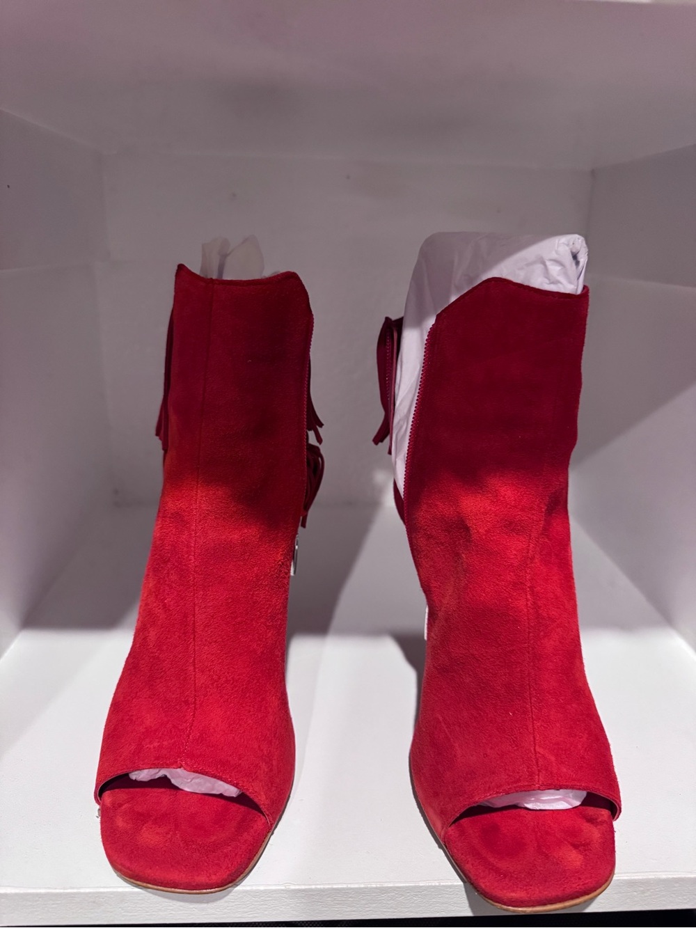 Vince Camuto Red Suede Fringe Peep-Toe Ankle Boots - Women - Picture 6 of 7
